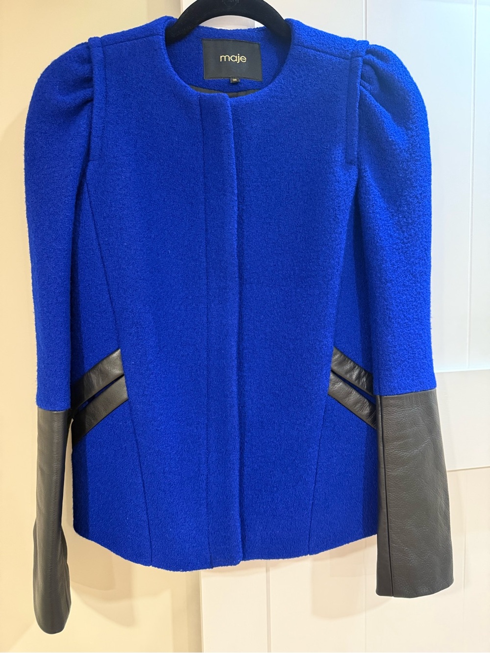 Maje Electric Blue Wool Jacket with Black Leather Sleeve Panels